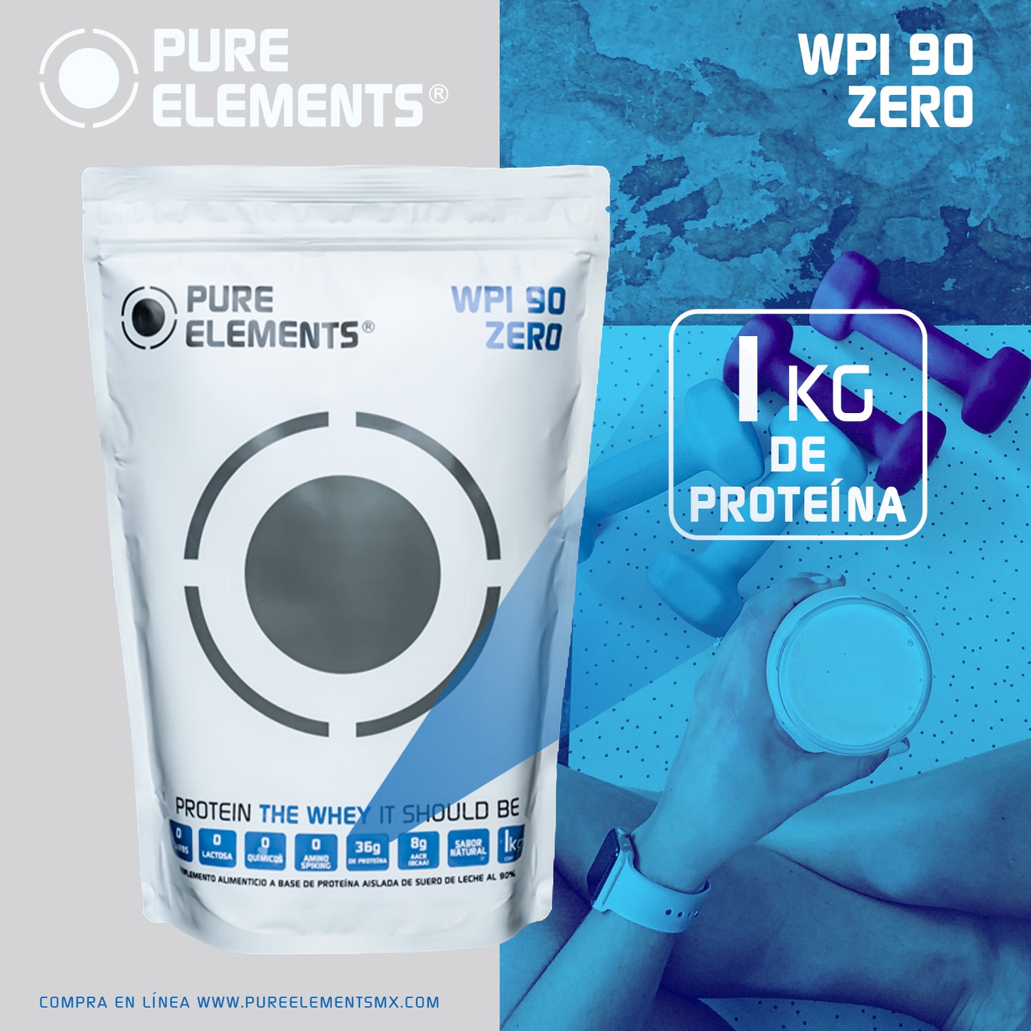 1 kg de 100% Whey Protein WPI90Zero SIN SABOR envio GRATIS 50 servicios!